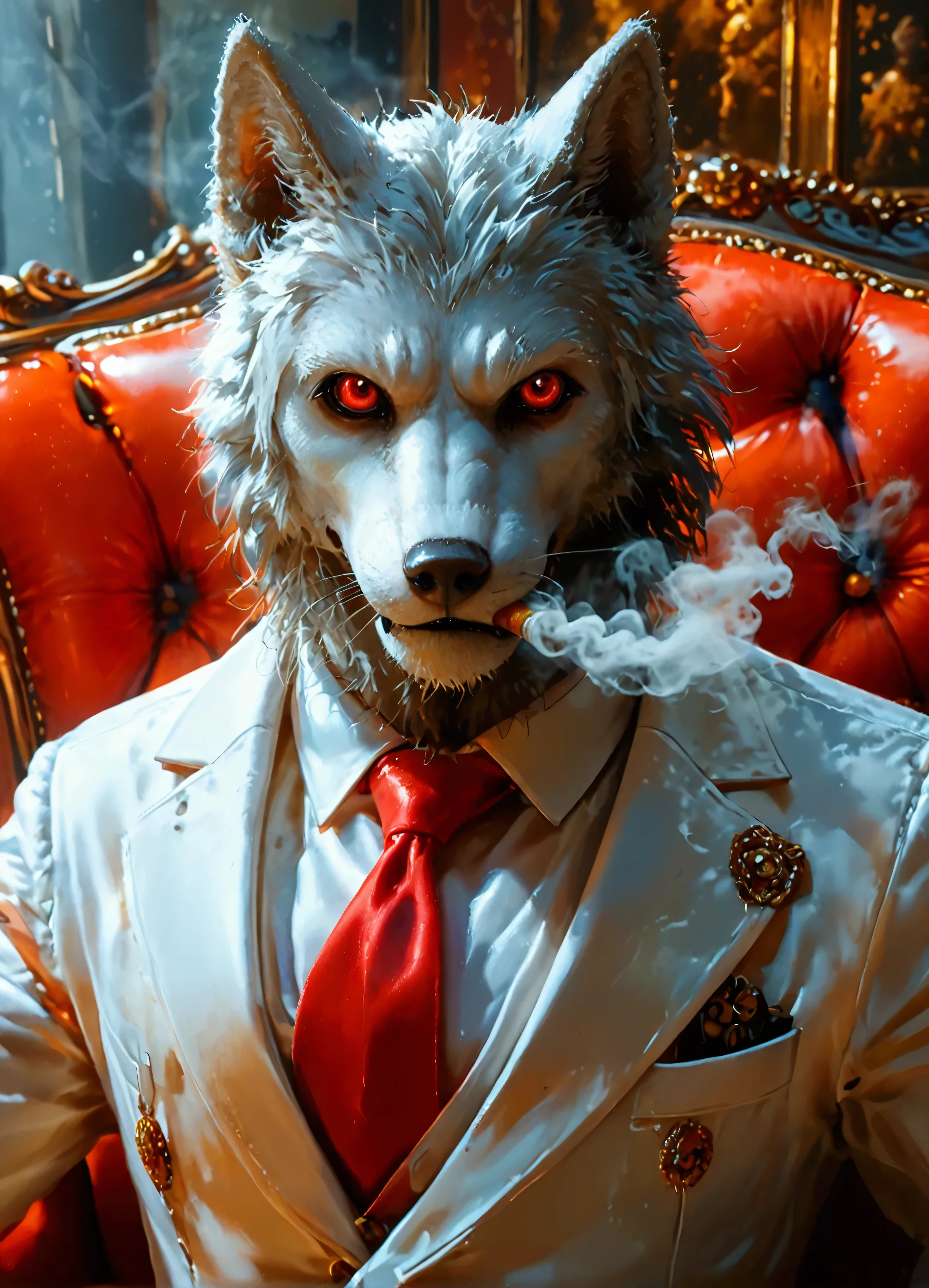 (8k, top quality, Masterpiece , Final Fantasy Style: 1.2), , Atmospheric perspective, 8K, Very detailed, Accurate, Highest quality, masterpiece, Very detailed, Sharp focus, High resolution,very spooky, (upper body close up:1.2), Werewolf, red eyes, funny and happy promoter, wears a tight white business suit, red tie, in the luxury office, holding a cigar in hand To the camera, Very detailed, Digital Painting, Art Station, Concept Art, Smooth, Sharp focus, figure, ArtJam, Greg Rutkowski, Art by Alphonse Mucha, 8K, Volumetric Fog, bloom, light, lumen, Crank blur