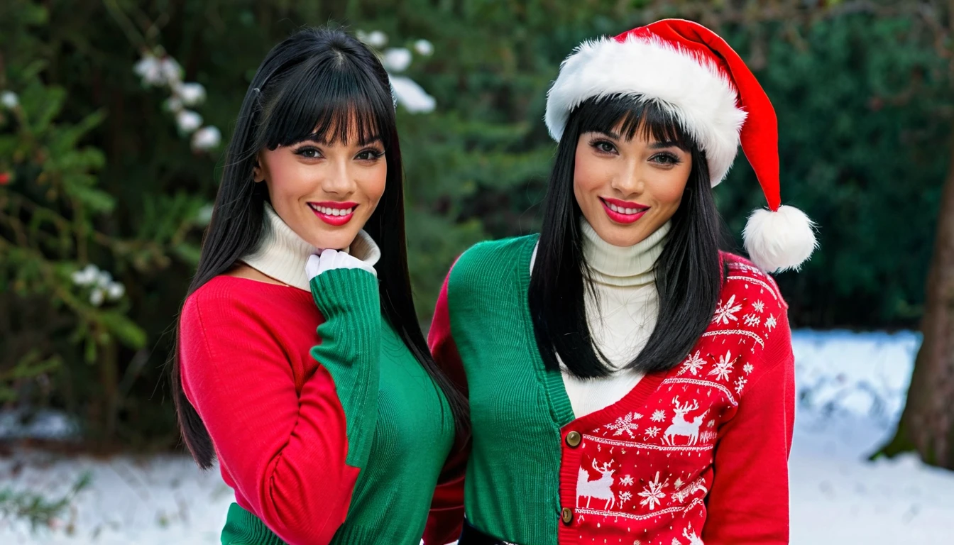 Isabela Merced and friend, smiling, big breasts, bob cut hair, santa hat, winter clothes, (skin texture:1.1), (high detail face:1.1), high detail body, high detail clotheasterpiece), (realistic), ultra high definition, 4k, ultra high resolution
