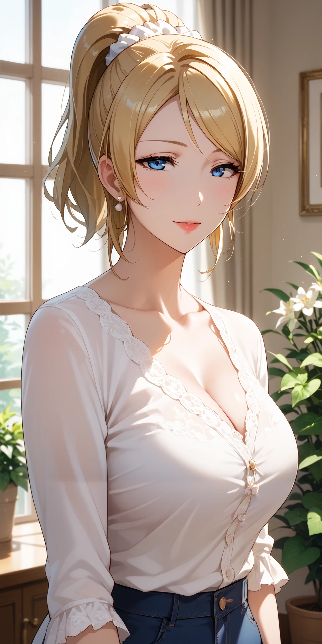 Score_9, Score_8_up, Score_7_up, Source_anime, anime art, anime style, very aesthetic, masterpiece, high quality, 1girl, seductive mature woman, milf, curvaceous, lovelive_eli, blonde hair, swept bangs, ponytail, white scrunchie, blue eyes, housewife, casual housewife wear, soft light