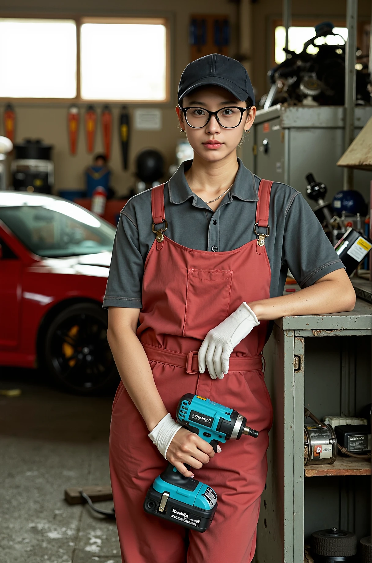 Una hermosa mujer morena de cuerpo completo, Holding a car battery in a frontal stance, She's in a car factory, She is in work attire, She is holding the battery with both hands at the same time., showing its size and weight, Foto ultra realista y detallada, The battery is a standard car battery, con una carcasa negra y terminales rojas y negras. fondo blanco puro.