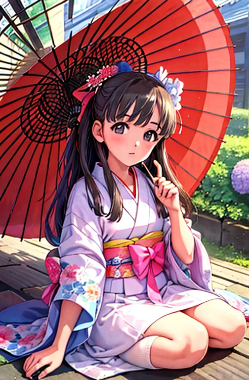 masterpiece,  top quality,(1990s \( style for stilets\):1.2),  1 girl, umbrella, Alone, Japanese clothing,  long hair, flower, oil-paper umbrella, kimono, Hydrangea, bow