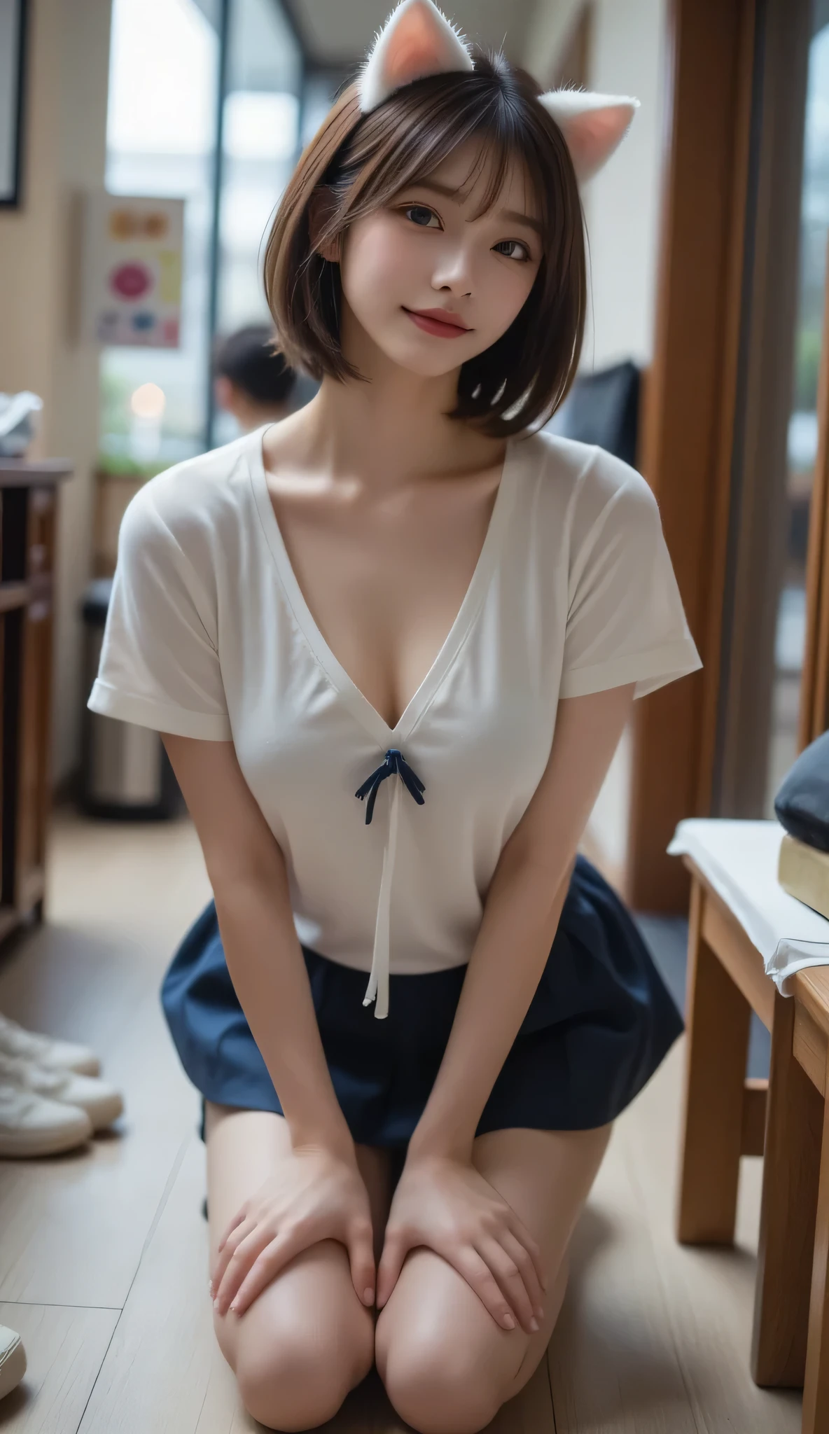 ((Best of the highest quality, 8k, Masterpiece: 1.3, raw photo)), Sharp focus: 1.2, (1 AESPA girl: 1.1), (Solo: 1.18), (realistic, photo-realistic:1.37), face focus, cute face, (Small breasts, flat chest, Thigh: 1.3), messy short hair, pony tail, (Girls' High School Uniforms:1, or naked), cafe, books, flower, cinematic lighting,