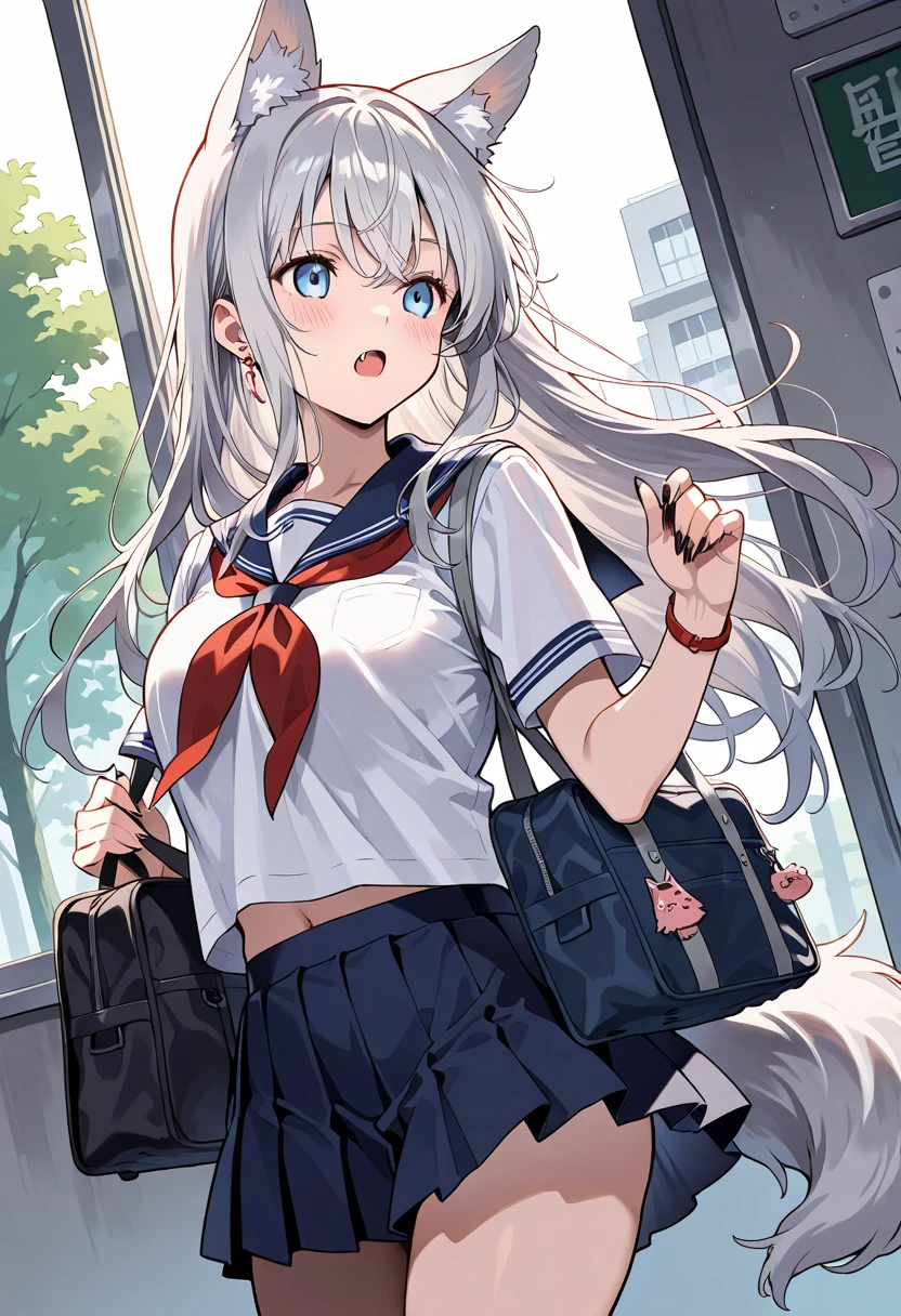 Werewolf, school uniform, silver hair, School bag