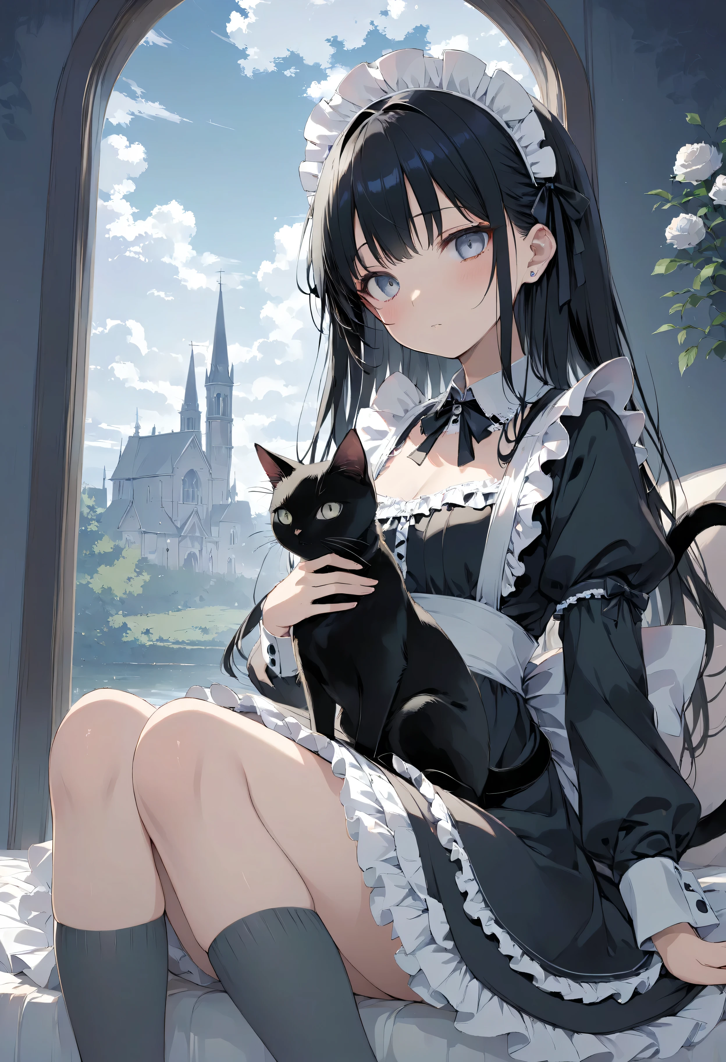 masterpiece, high quality, high resolution, 16k, illustration by Makoto Shinkai, exquisite background, petite girl, black hair, long hair, gothic lolita, maid outfit, fair skin, long eyelashes, beautiful eyes, over-kneehighs, black cat, full body, seductive expression, gray world view,