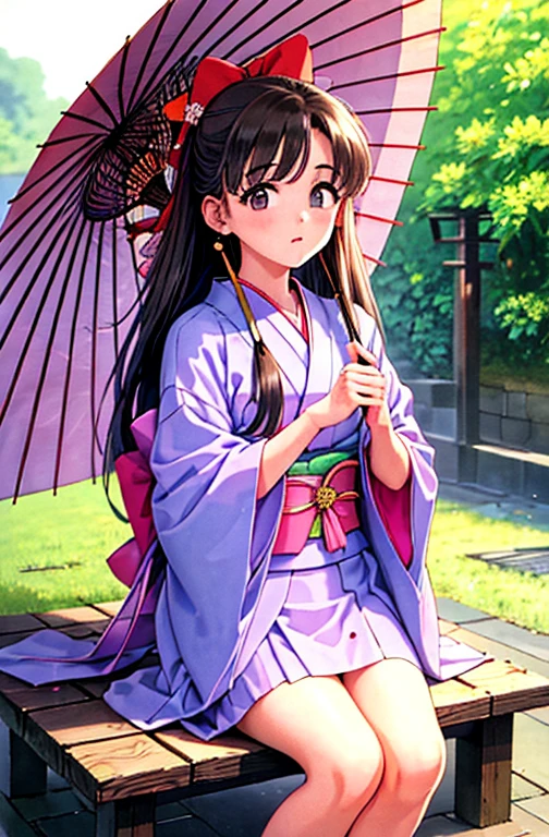 masterpiece,  top quality,(1990s \( style for stilets\):1.2),  1 girl, umbrella, Alone, Japanese clothing,  long hair, flower, oil-paper umbrella, kimono, Hydrangea, bow