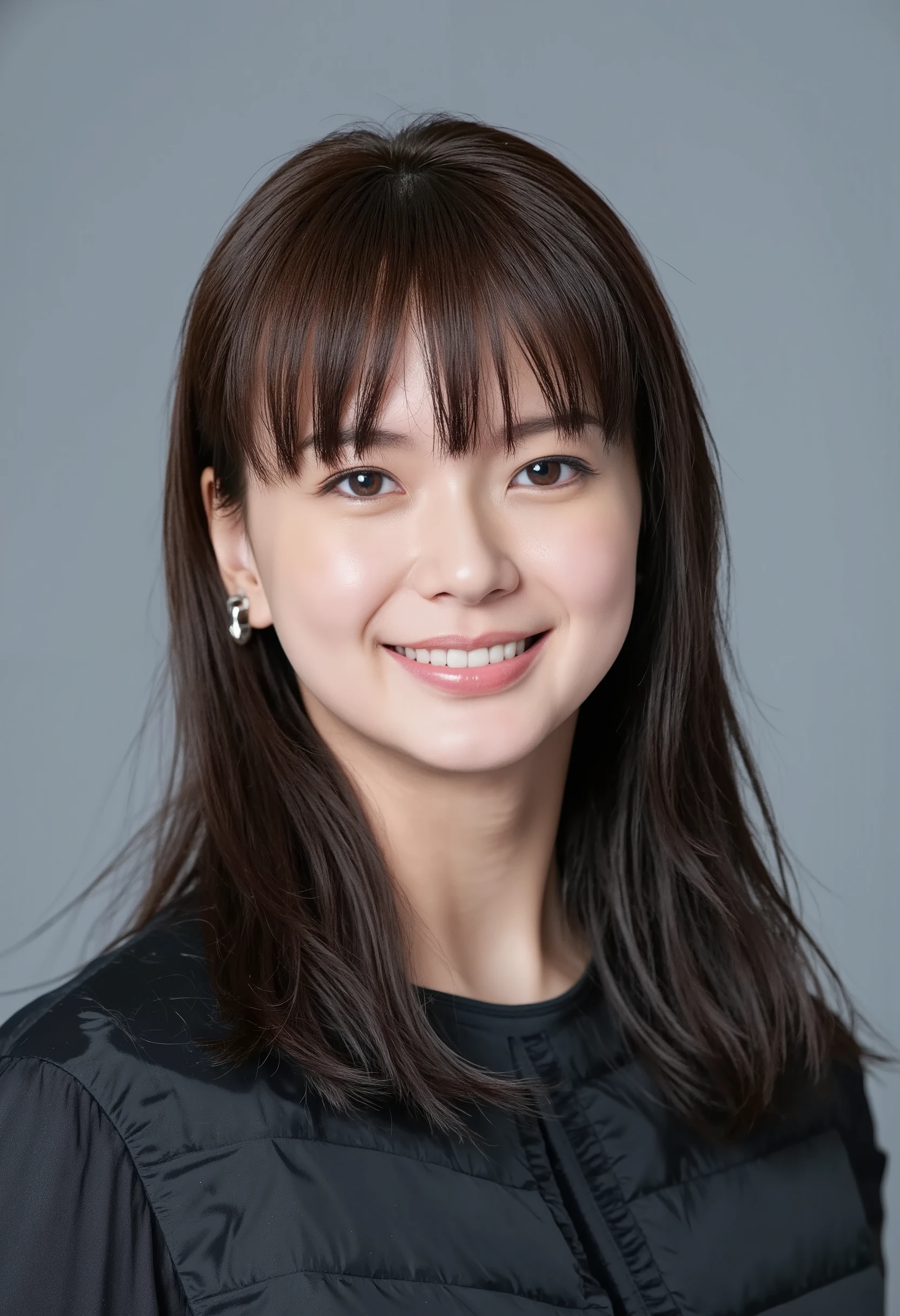 young Japanese woman、 tabe mikako、black hair、 ear piercing、 smile showing teeth 、 beautiful alignment of teeth、 black down jacket、Gray background