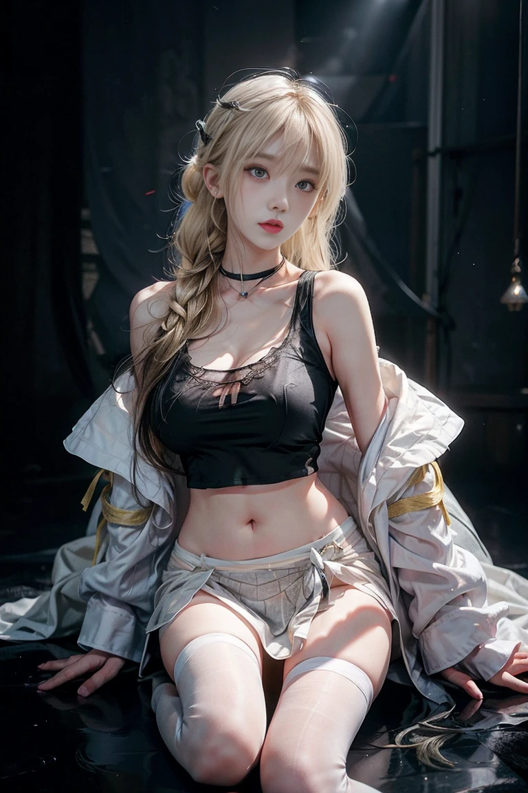  Japanese、Model、Big Breasts、Blonde、 long hair、 fishnet white t-shirt、tracery white tights 、ribbon、 shows shoulders、 cleavage visible、 belly button visible 、 spotlights、 dark background 