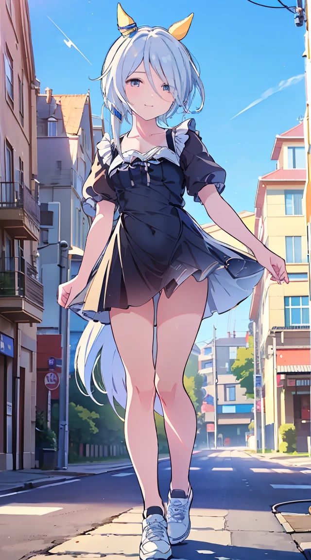 masterpiece,  top quality,  high definition ,  very detailed , delicate(((KS Miracle))), (((Horse Girl))), (((White underwear。))), (((smile))), (((Bare legs))), ((( sneakers))), ((( punch))), (((Outdoor))), (((Around town))), (((Electric pole))), ((( Standing ))), (((window))), (((blue sky))), (((smile))), ((Black nightgown))), ((( miniskirt)))