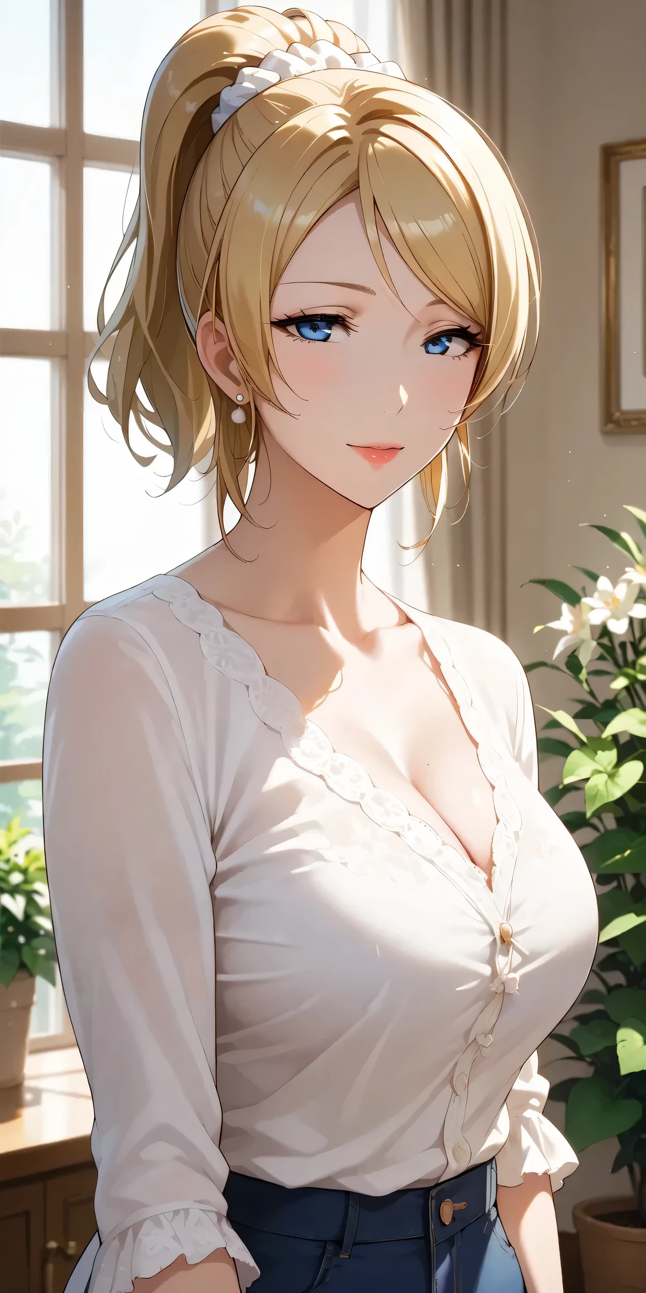 Score_9, Score_8_up, Score_7_up, Source_anime, anime art, anime style, very aesthetic, masterpiece, high quality, 1girl, seductive mature woman, milf, sagging breasts, large breasts, breasts apart, curvaceous, lovelive_eli, blonde hair, swept bangs, ponytail, white scrunchie, blue eyes, housewife, casual housewife wear, soft light