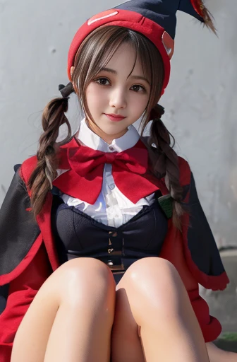  ultra high resolution ,  textured skin,   top quality, 、
  1 girl ,  smile,  Look at you, ribbon,   ponytail,   hair clip,   witch hat  、((Super cute face))、(( miniskirt)), Seated、Leg spread