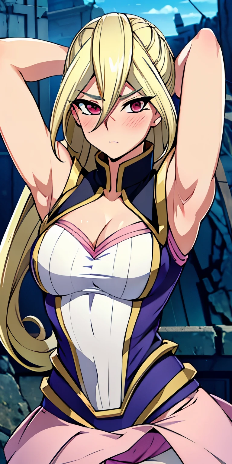 1 Female,High definition,high resolution,Ultra-realistic,8K, Gloria Tyler, blonde hair,pink eyes,serious, long hair, large breasts,sleeveless,pink skirt, (ruins),blush,tight skirt, miniskirt, large breasts,European,sexy,Upper body close-up,Photographed from the front,Dynamic Angles,(blush), (medium tits) ,(arms behind head)