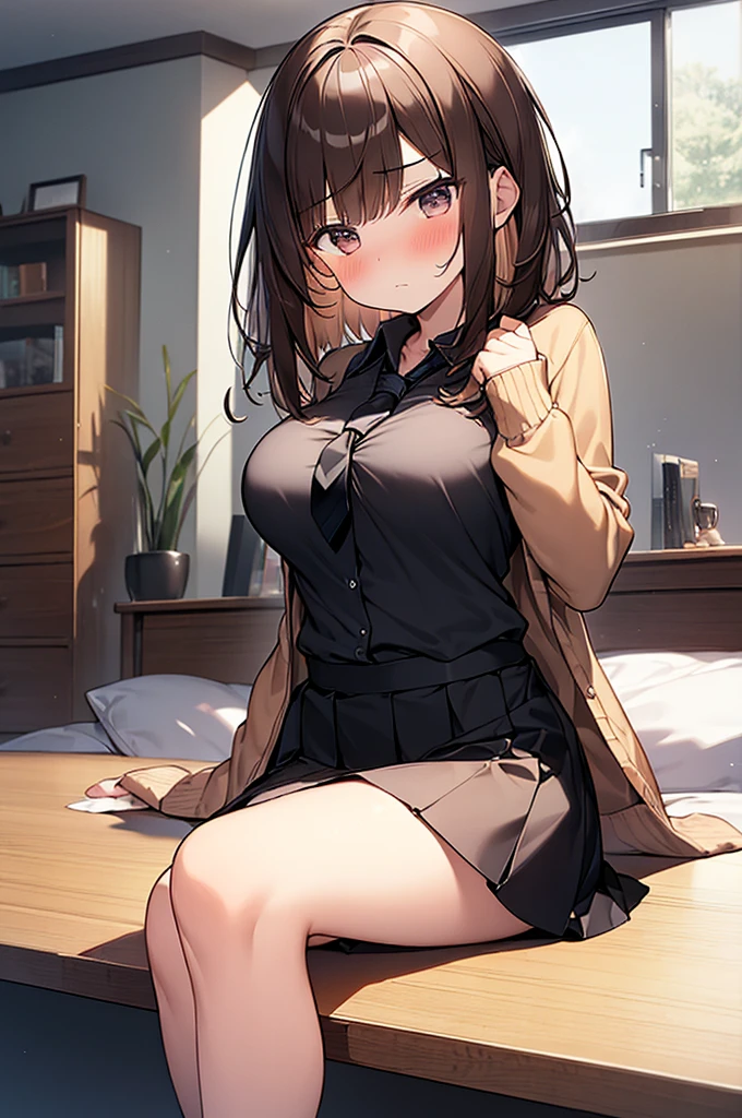 Highest quality, masterpiece, High resolution, (Head to Toe full body), front, frontやや下からの構図, Symmetric, Tall 18 year old girl, alone, (Head to Toe), (Small breasts), Unkempt brown hair, bangs, (black tights), (Black Pantyhose), (Sit with your legs apart), (Crouching pose), (Composition depicting white panties), (Her legs were spread、I see your white pants.), (I was made to sit on the floor with my legs spread...), (M-shaped feet), Thin legs, とても美しくTall 18 year old girl, (No shoes), blush, Shy big eyes, Looking into the camera, Blazer Uniform, Checkered Pleated Skirt