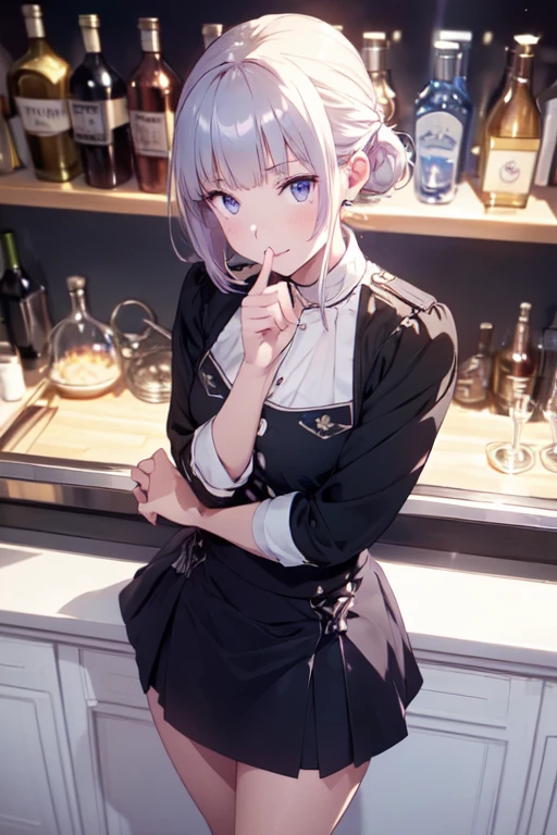 (from above:1.0,Best Quality),a girl , platinum color hair、bartender uniform,Purplish blue eyes that dreamers desire, small stature, medium , Lori face, (masutepiece:1.2, Best Quality), (finely detailed beautiful eye: 1.2), (beautifull detailed face), (perky chest:1.2), (pointed chest:1.1), (bratender magazine cover:1.5)，(Best Illumination, extremely delicate and beautiful), sexy pose,make a coffee , in a bar counter, morning light, Short bob hair（1:3）,Ultra Contrast、Braid a little around the ears, black bartender uniform dress、Sexy and qute pants、You can't see inside your underwear,mocking look、nffsw,Arms crossed、grab the arm、Shoot 、breastuscular pussy、little Pubic hair,high-level image quality、hightquality、8K,perfect hand、5 fingers、finger pin、Perfect Finger,noise cut、Her hair color should have been a brighter blue,(The bartendre skirt dress part is also carefully expressed:1.4)、the skirt is floating in the wind:1.2、Dark purple panties,(with sparkling eyes and a contagious smile),open mouth, highest quality, high resolution,Real World, Natural light,perfect Natural light, Looking at Viewer,
