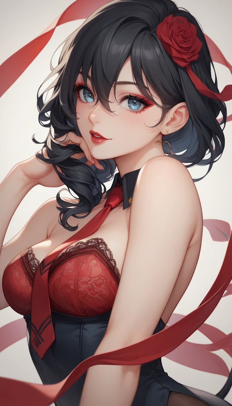 One girl,Beautiful fashion model ,(masterpiece, Detailed Background, Highest quality),Short, shiny hair, Bob black hair,Grin,Juicy lips,Red lips, Red glossy lingerie, Stripping, Elegant makeup, Exhibitionism, Torn fishnet bodysuit, Grey Eyes, Pink Eyeshadow, Duck mouth, nose chakra, Nose Piercing