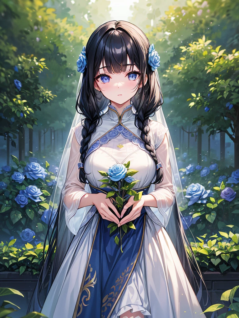 1girl, black hair, twin braids, blunt bangs, lavender eyes, blue rose, detailed face, beautiful detailed eyes, extremely detailed facial features, delicate porcelain skin, elegant dress, cinched waist, flowing skirt, standing in a lush garden, blue roses blooming, sunlight filtering through the trees, (best quality,4k,8k,highres,masterpiece:1.2),ultra-detailed,ibrant colors, natural lighting, romantic atmosphere, intricate details, fantasy art