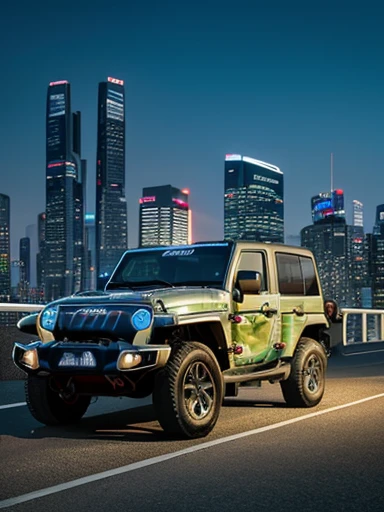 ((Mitsubishi jeep)), camouflage pattern, driving in the city, cyber city:1.3, cyberpunk:1.3, sparkling neon lights, angled front view, rugged texture, skyscrapers, futuristic cityscape, colorful billboards, soft evening light, strong contrast,((masterpiece)), ((best quality)), (ultra-detailed), beautiful,