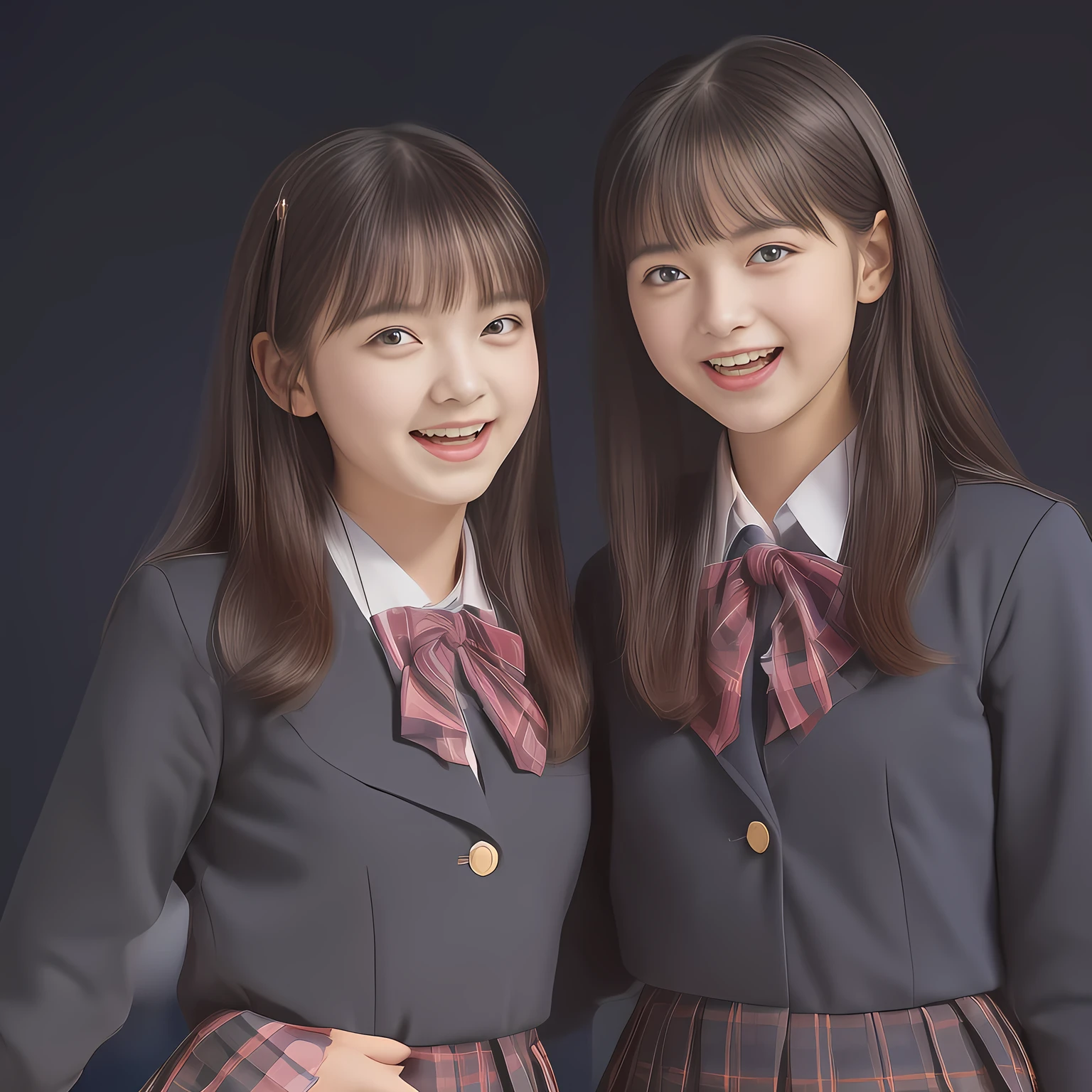 (Highest quality, masterpiece:1.2), Highest quality, High resolution, 1080P, 8k, clearly detailed, low-angle shot, (Two girly fashion models are flying in the space and falling down to the viewer, bending down at the waist and their shining eyes are looking at the viewer directly, Girls faces are at the top of the photo frame, (Very-Low angle shot from below the girls), night sky zenith background: 2.0) (Nobly bowing super-pretty shining-long-hair super-beautiful super-bewitching super-cute expensive school-uniform pretty slender 14yo-fashion-model of most-beautiful-school-uniform-girl-models photo-magazine in Japan, too beautiful aristocratic daughter laughing at the viewer, in supreme bliss, bowing and accepts the viewer's every desire: 1.8), (long bottom eye-slashes, long top eye-slashes), (very bewitching beautiful full-open lips: 1.4), (neat gorgeous school uniform of private high school in Japan. navy-school-blazer with gold-emblem, super-neat navy-blue-lined-tartan-checkered light-sky-blue-pleats-school-skirt, super-girly plain-red ribbon on the breast: 1.5), (bewitching expression, smile, lips, and pose to corrupt the viewer, everything is planned and prepared to corrupt the viewer into the allusion of love towards the girl: 1.2), (clearly detailed foreground focusing on girl's beauty and cuteness, gorgeous blue girly bed background of full-of-girls girly-heaven: 1.2), (extending her arms to the viewer like requesting hugging, calling out the name of the viewer loudly), (sky-blue checkered school skirt), (several golden heart cute accessories)