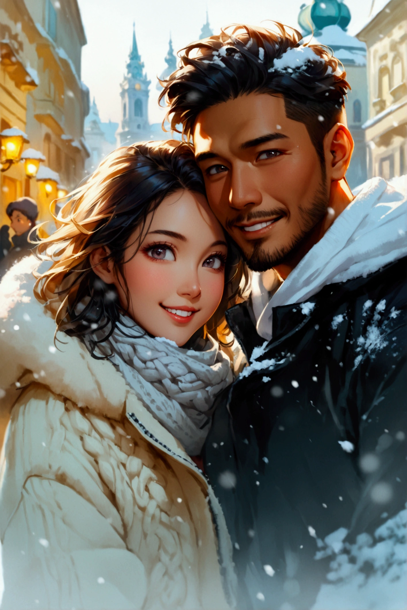 Portray a full-body shot of an international couple walking arm in arm with excited expressing and genie grin amid the winter of Vienna, Austria. The couple features an Asian man in his thirties and a white European woman in her twenties. The man has a strong square face, adorned with brown skin based on golden undertone, double lid downturned black eyes, low cheek bones, a prominent nose, and short coiffed black hair. He is dressed in a black white hoodie covered by a stadium jacket in white. The pretty oval face of his European woman is defined by almond eyes in light blue color, low cheek bones, significant roman nose, gentle blonde hair and fair complexity based on cool undertone. She is dressed in a knitted sweater and a snow crystal print scarf. Vienna's magnificent urban landscape on  background on a sunny winter day, ((full shot)), ((Asian man)), ((European woman)), (interracial couple), ((wide view)), (full-body shot), highly detailed, soft lighting, vibrant colors, ((grin)), (front view), arm in arm, looking at viewer