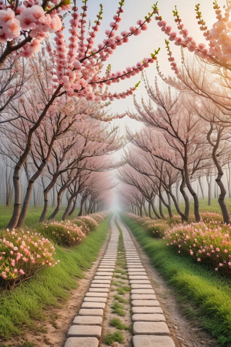 Peach Blossom Forest, a path paved with peach blossoms leading to unknown distant places, foggy road sections, small flowers, ethereal and abstract artistic conception, like reincarnation,