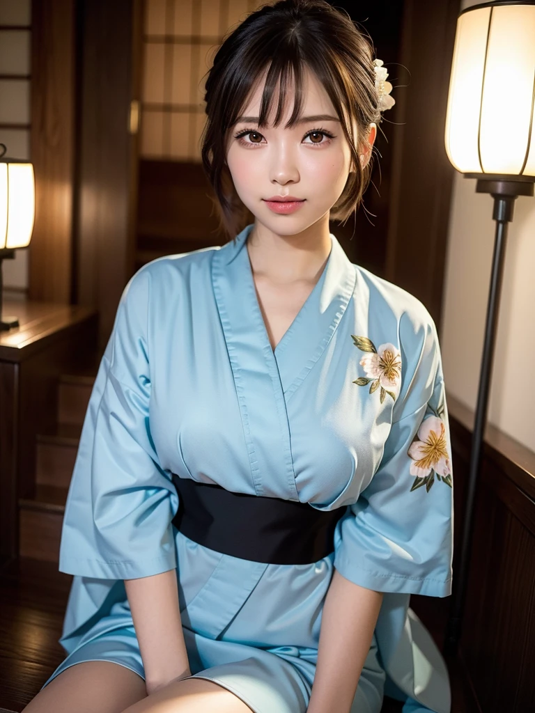 19 years old child, (wearing a navy pink yukata:1.2), (The yukata has flower-patterns on it:1.2), break, big round breast, ((updo hairstyle, Dark blonde hair, wavy hair, long hair, asymmetric bangs:1.2)), (tongue out:1.3), (light smile:1.3), (blush:1.3), (photorealistic:1.2), (ultra realistic:1.3), (very detailed:1.1), ((masterpiece)), depth of field, Kiyomizu Temple, (looking at viewer), (at night:1.3).