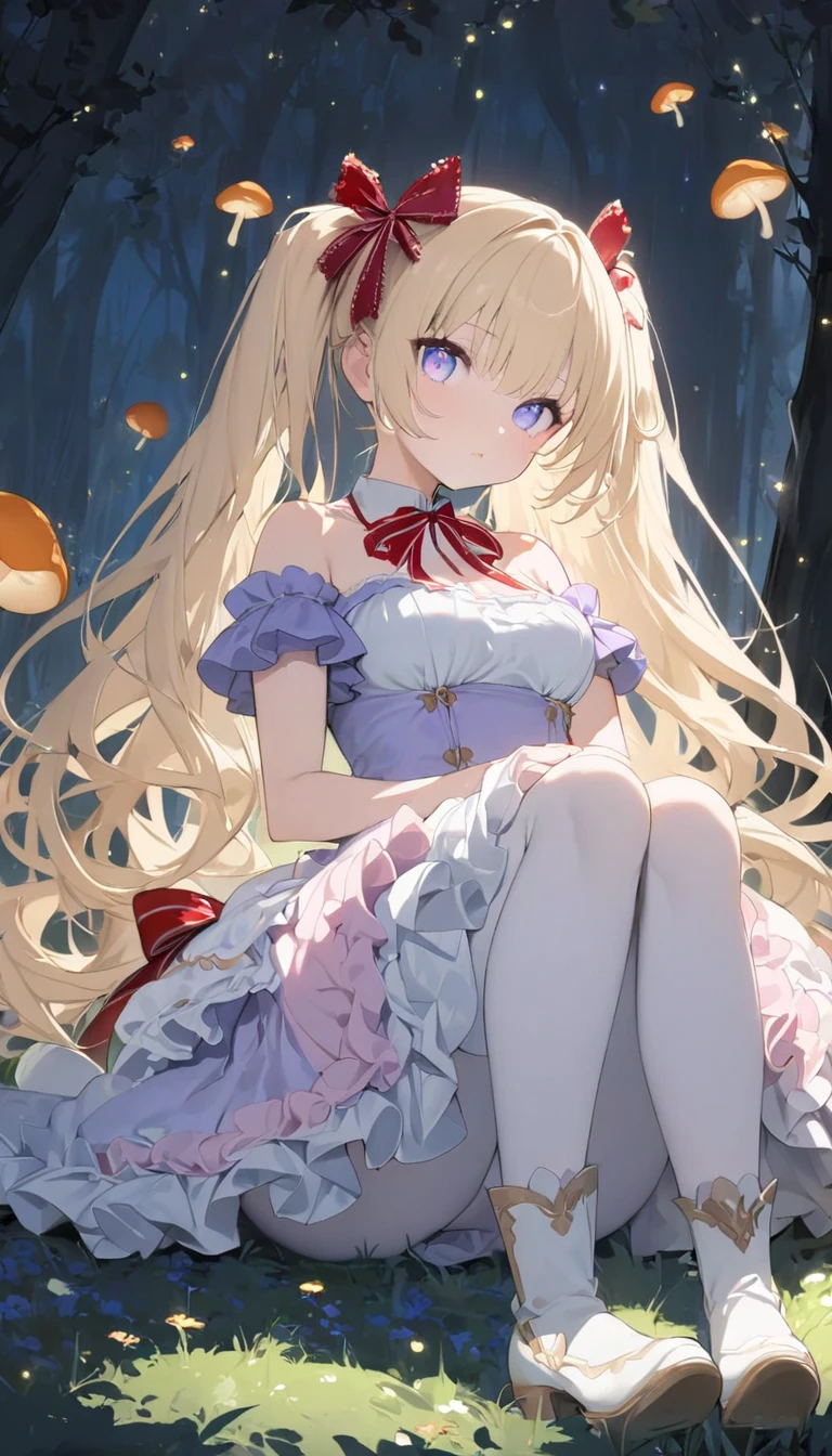 A light blonde haired anime girl with pale blue purple eyes、Wearing a pink off-the-shoulder puffy sleeve dress and knee-length white boots、Under the stars、 sitting in the woods beside orange mushrooms surrounded by fireflies。  ( slim、1 person,  cute young woman, , pose using medium bust ,  black hair、 Twin Tail Hair、Azure Eyes、 tie your hair with a large red lace ribbon),delicate beautiful eyes , has his legs open , high definition , masterpiece, pictures of girls , eyes are drawn in detail {x} cute and beautiful face down to the last detail、Beautiful Bangs, Bangs between the eyes, ( eyeliner , lipstick:0.9),