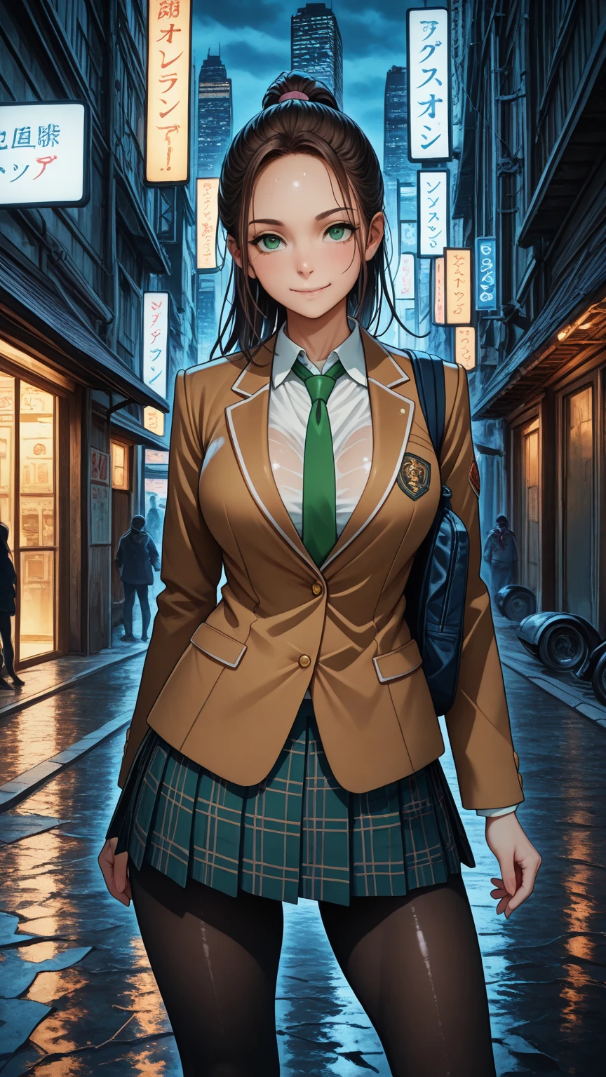 nsfw, masterpiece, best quality,amazing quality, semi-realistic detailed CG, ultra-detailed,Sharp Focus, high contrast, 1girl, detailed green eyes, slightly smile, detailed semi-long hair, dark brown silky hair,  forehead, sliced back hair, side ponytail, contrapposto, Captivating thighs, uniform, brown blazers, (hads in pocket, unbutton), Green tie, Plaid Pleated Skirt, black tights, rainy cyber city, at night