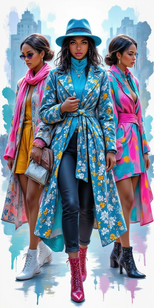 Impressionist painting, realistic textures, minimalist of three confident African American women in vibrant Afrocentric pattern winter coats. One wears a striped pattern coat and geometric clutch, another dons a blue floral flared coat and matching hat, and the third sports pink and turquoise abstract pattern coat. Each is accessorized with bold jewelry, matching scarves and stylish boots to match, set against a pale blue watercolor urban background to emphasize their dynamic poses and colorful, modern Afrocentric fashion. 