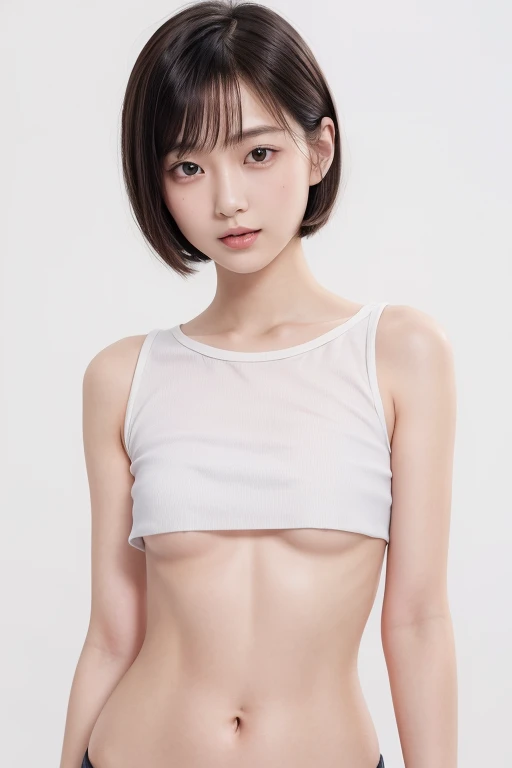 A cute boy, Looks about 14 years old (short hair), Height about 140 cm, Very short shorts, Shorts bulging in the shape of a penis, flat chest like a boy, Slender body, The wall is a concrete wall, Black Hair, eyeball, Surrealism, Blurred, Cinema Lighting, Bokeh, Very detailed, Anatomically correct, Accurate, Awards, 16K 、The clothes are transparent、Short torso、Anatomically correct体のバランス