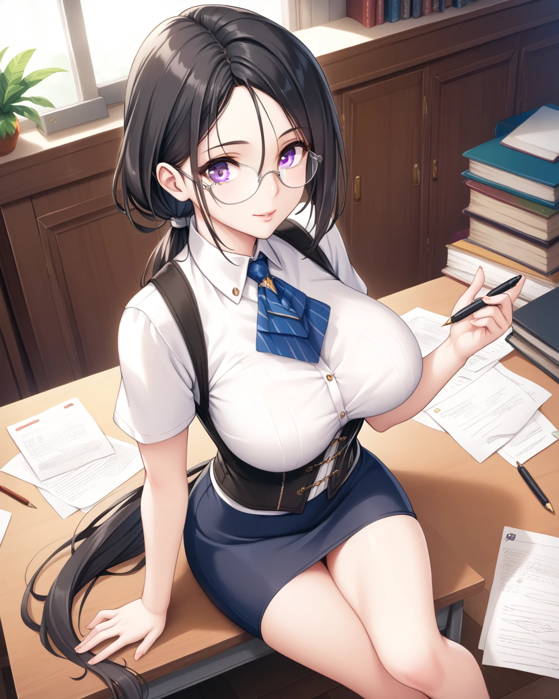  Masterpiece, 1 Guild Receptionist ,　pen:1.5 ,((Guild Receptionist Uniform:1.4)), Corset Vest ,, rimless glasses ,Height: 165cm, beautiful body line ,Big Breasts,((Woman with dark hair and low ponytail on her shoulders :1.4)), gray eyes,A woman with a beautiful and kind face,Sit down, face your desk, work on documents,View from above at an angle,