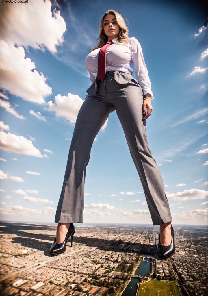  Towering giant blondes girl，(500,000 feet high、Looking up at the approaching woman from below), A sophisticated and stylish woman in a light grey perfectly smooth italian pinstriped trousers suit, form fitting crisp white shirt tucked neatly in trousers, and a blue paisley 10cm wide necktie in a windsor knot, tie length down to top of trousers, with a beautiful, curvaceous figure, massive breasts, and long blonde hair, with a curvaceous figure and massive breasts. wearing red rounded court shoes high heels with uncovered feet and standing, rampage-like pose, with a cityscape background of mega-city, urban sprawl, and small towns, partially obscured by a hazy, cloudy atmosphere. The image is a high-resolution, masterpiece-quality, cinematic, ultra-detailed, and hyper-photorealistic photograph, with perfect hands, face, and lighting. ultra-detailed, 8K, photo-realistic, hyper-realistic, masterpiece, intricate details, full body view. Looking at camera, The image is a high-resolution, masterpiece-quality, cinematic, ultra-detailed, and hyper-photorealistic photograph, with perfect hands, face, and lighting. ultra-detailed, 8K, photo-realistic, hyper-realistic, masterpiece, intricate details, full body view from below