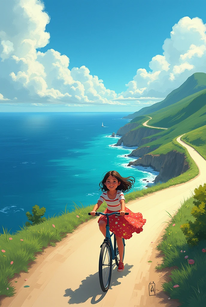 a girl riding a bicycle, seascape, fresh wind, shining sun, (best quality,4k,8k,highres,masterpiece:1.2),ultra-detailed,(realistic,photorealistic,photo-realistic:1.37),beautiful detailed eyes,beautiful detailed lips,extremely detailed eyes and face,longeyelashes,outdoor scenery,sandy beach,ocean waves,coastal landscape,vibrant colors,bright sunlight,warm summer day,dynamic pose,pedaling bicycle forward,carefree expression,windblown hair,scenic coastal view,atmospheric lighting,golden hour sunlight,detailed texture,cinematic framing