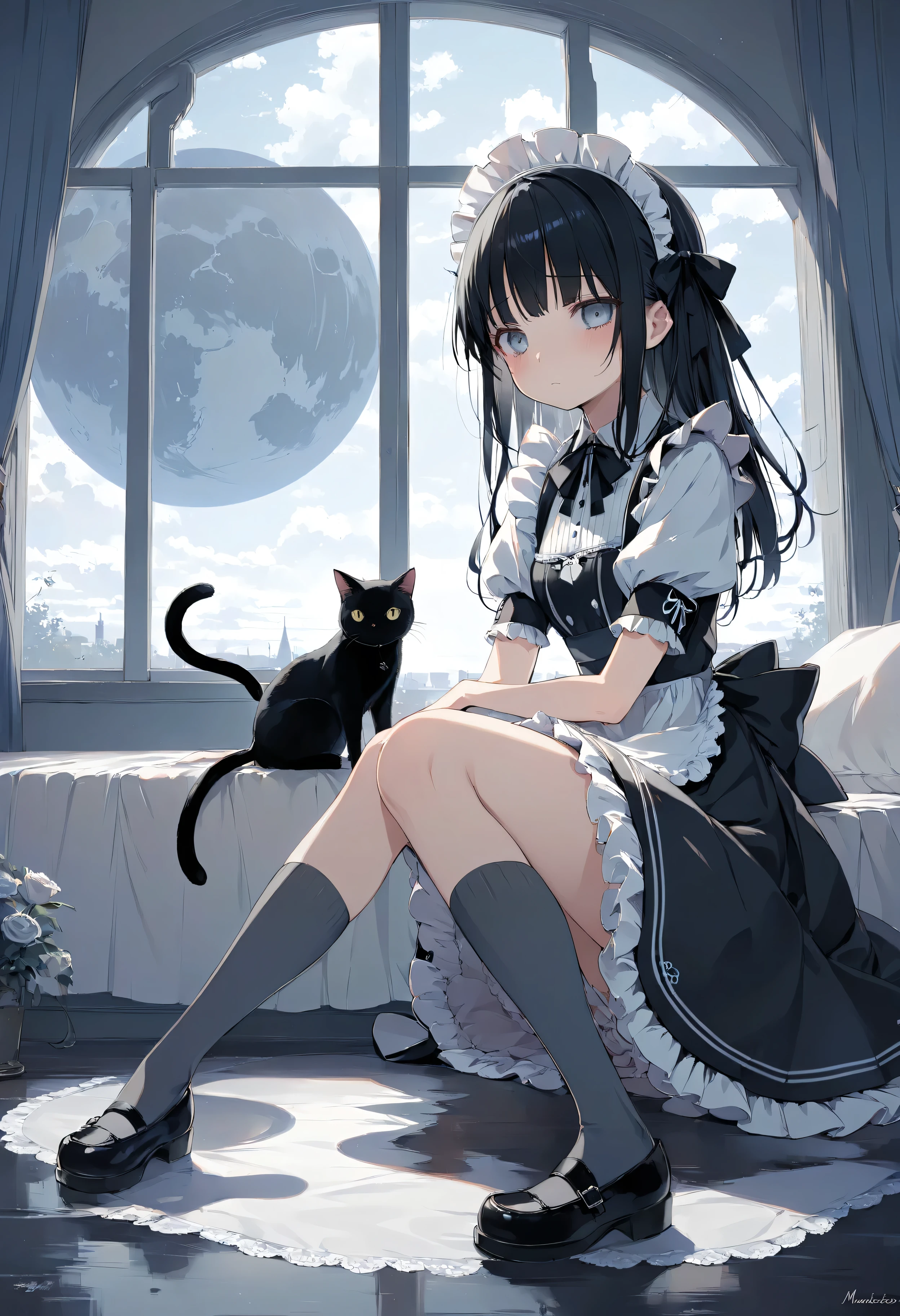 masterpiece, high quality, high resolution, 16k, illustration by Makoto Shinkai, exquisite background, petite girl, black hair, long hair, gothic lolita, maid outfit, fair skin, long eyelashes, beautiful eyes, over-kneehighs, black cat, full body, shy expression, gray world view,