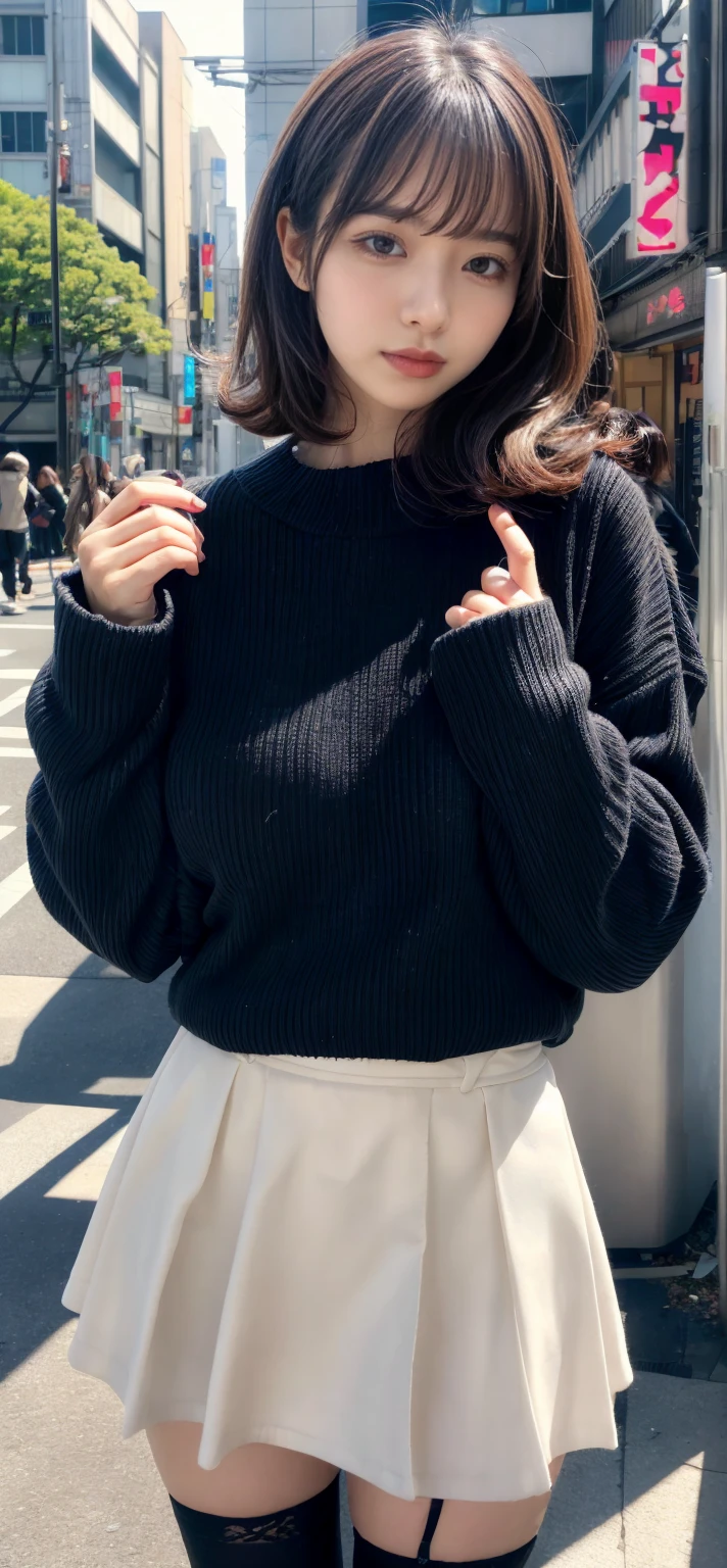 muste piece, best quality, illustration, Super detailed, fine details, High resolution, 8K,wall paper, perfect dynamic composition,(Details High quality, realistic depiction of eyes:1.3), short hair, (wavy hair:1.2), Oversize Pullover Dress, Layered Cut, black hair color, Big Natural Color Lip, sexy pose, crying a little、cold gaze, Harajuku style、20 year old girl、cute type、lolita, hposing Gravure Idol, at midnight, full body photo、focus on crotch, huge breasts