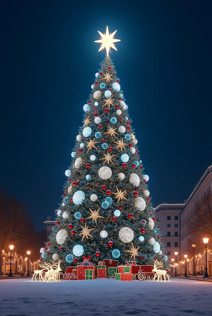 ( top quality, very detailed depiction, incredible high resolution ,), giant Christmas tree decorated for Christmas , Big Christmas Tree Like a Building , Gorgeous Illuminations ,Brilliant Light,Christmas Decorations , Big Star Ornament on the Top of the Christmas Tree,Night Sky,Gorgeous Starry Sky , Santa Claus,そりに乗った Santa Claus, reindeer, light up