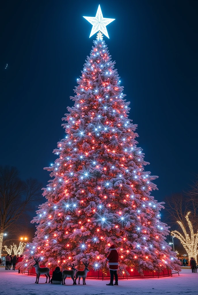 ( top quality, very detailed depiction, incredible high resolution ,), giant Christmas tree decorated for Christmas , Big Christmas Tree Like a Building , Gorgeous Illuminations ,Brilliant Light,Christmas Decorations , Big Star Ornament on the Top of the Christmas Tree,Night Sky,Gorgeous Starry Sky , Santa Claus,そりに乗った Santa Claus, reindeer, light up