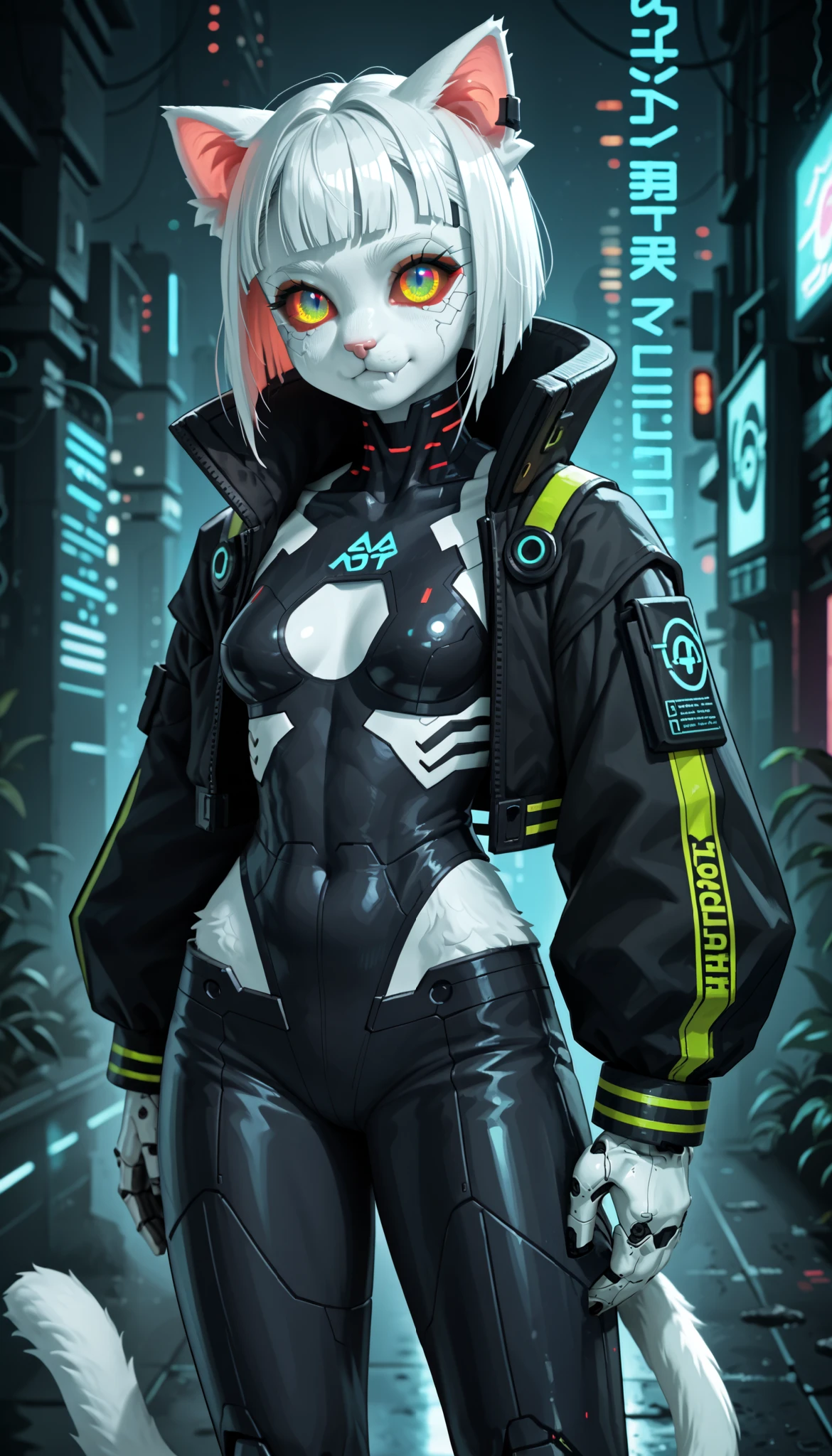 (zPDXL2), (PonyXLV6_Scores), source_anime, source_anthro, source_furry, Expressiveh, full body portrait shot, BREAK
Inhata4564, 
depiction of a cyberpunk cat girl, using a neon color palette of blues, greens, and purples, cyberpunk, android girl, background, abstract, cyberpunk background, detailed eyes, one cute fang, cybernetic implants, android, slit pupils, cat eyes silhouette, 1girl, highres, masterpiece, cowboy shot, young girl, tinyy proportions, ****:1.5, tinyy chest, skimpy neon hologram cyberpunk outfit, high cut, cutout, tight, no human ears, cybernetic neon cat ears, furred arms and legs, neon cybernetic cat tail, digitigrade legs, dynamic erotic pose, 