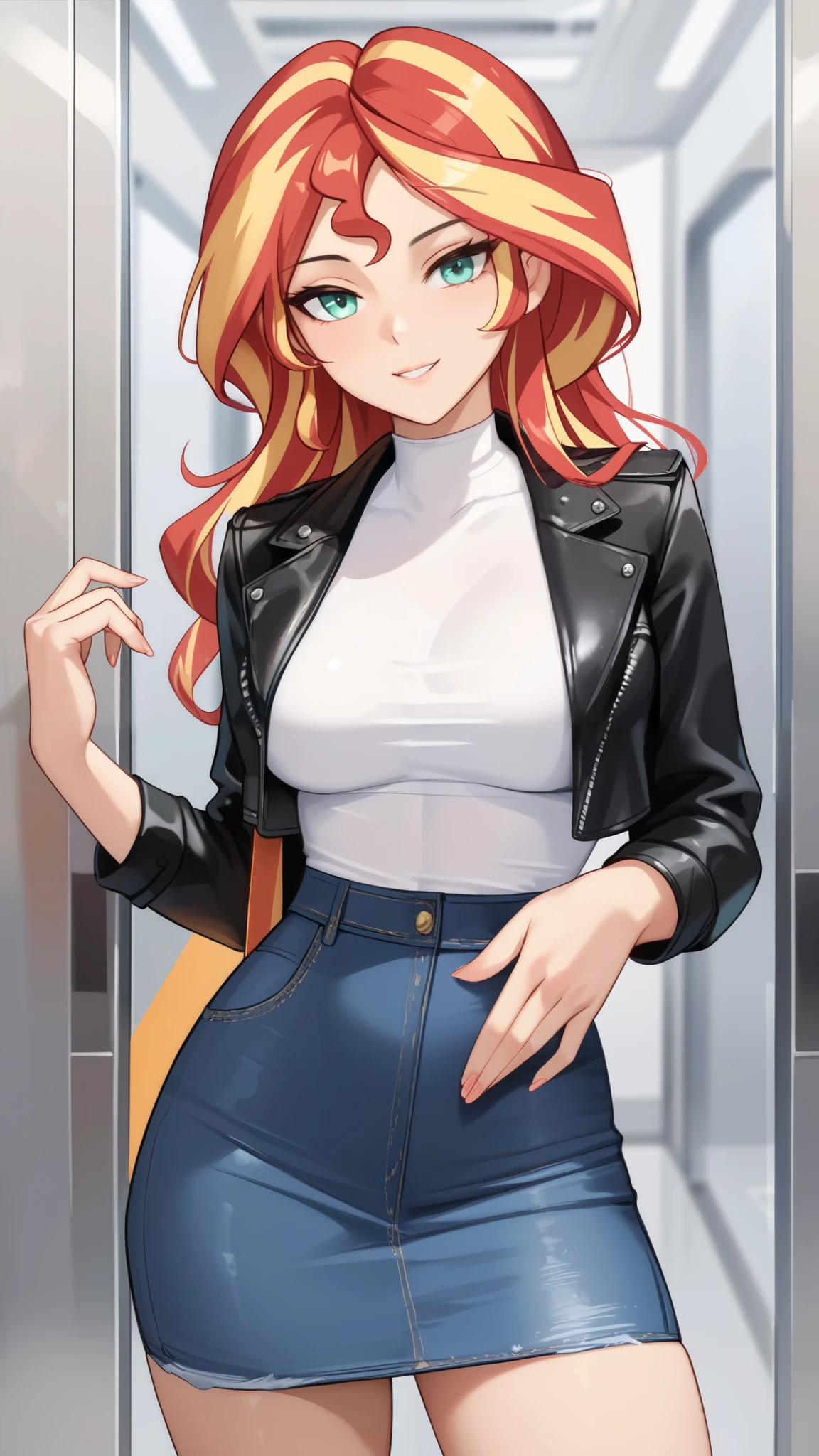 Sunset shimmer inside an elevator, seductive look, tight shirt, leather jacket, denim skirt, sexy, enclosed