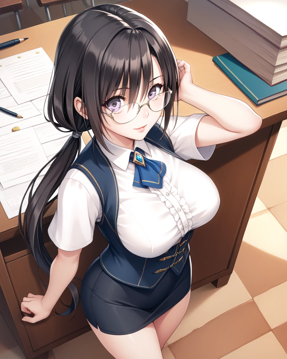  Masterpiece, 1 Guild Receptionist ,　pen:1.5 ,((Guild Receptionist Uniform:1.4)), Corset Vest ,, rimless glasses ,Height: 165cm, beautiful body line ,Big Breasts,((Woman with dark hair and low ponytail on her shoulders :1.4)), gray eyes,A woman with a beautiful and kind face,Facing the desk and doing paperwork,View from above at an angle,