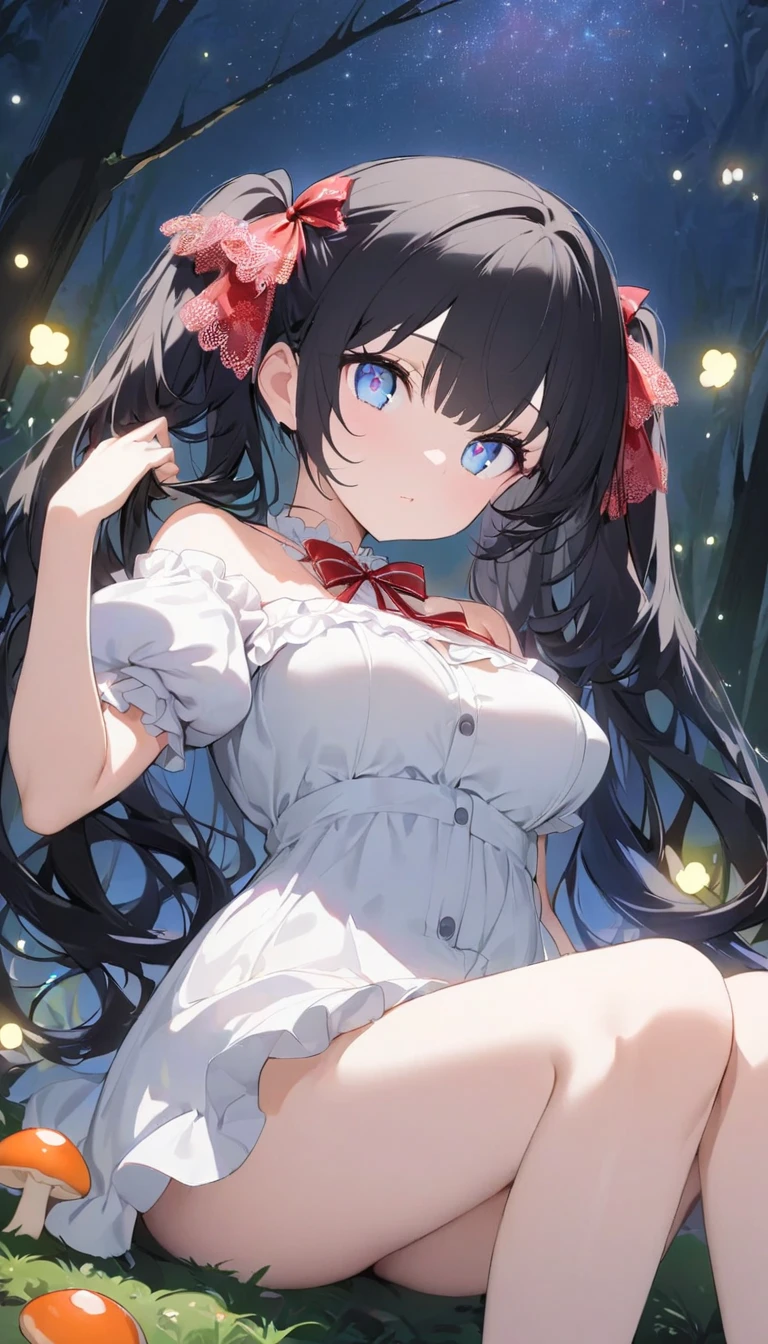 Anime girl、Wearing a pink off-the-shoulder puffy sleeve dress and knee-length white boots、Under the stars、 sitting in the woods beside orange mushrooms surrounded by fireflies。  ( slim、1 person,  cute young woman, , pose using medium bust ,  black hair、 Twin Tail Hair、Azure Eyes、 tie your hair with a large red lace ribbon),delicate beautiful eyes , has his legs open , high definition , masterpiece, pictures of girls , eyes are drawn in detail {x} cute and beautiful face down to the last detail、Beautiful Bangs, Bangs between the eyes, ( eyeliner , lipstick:0.9),