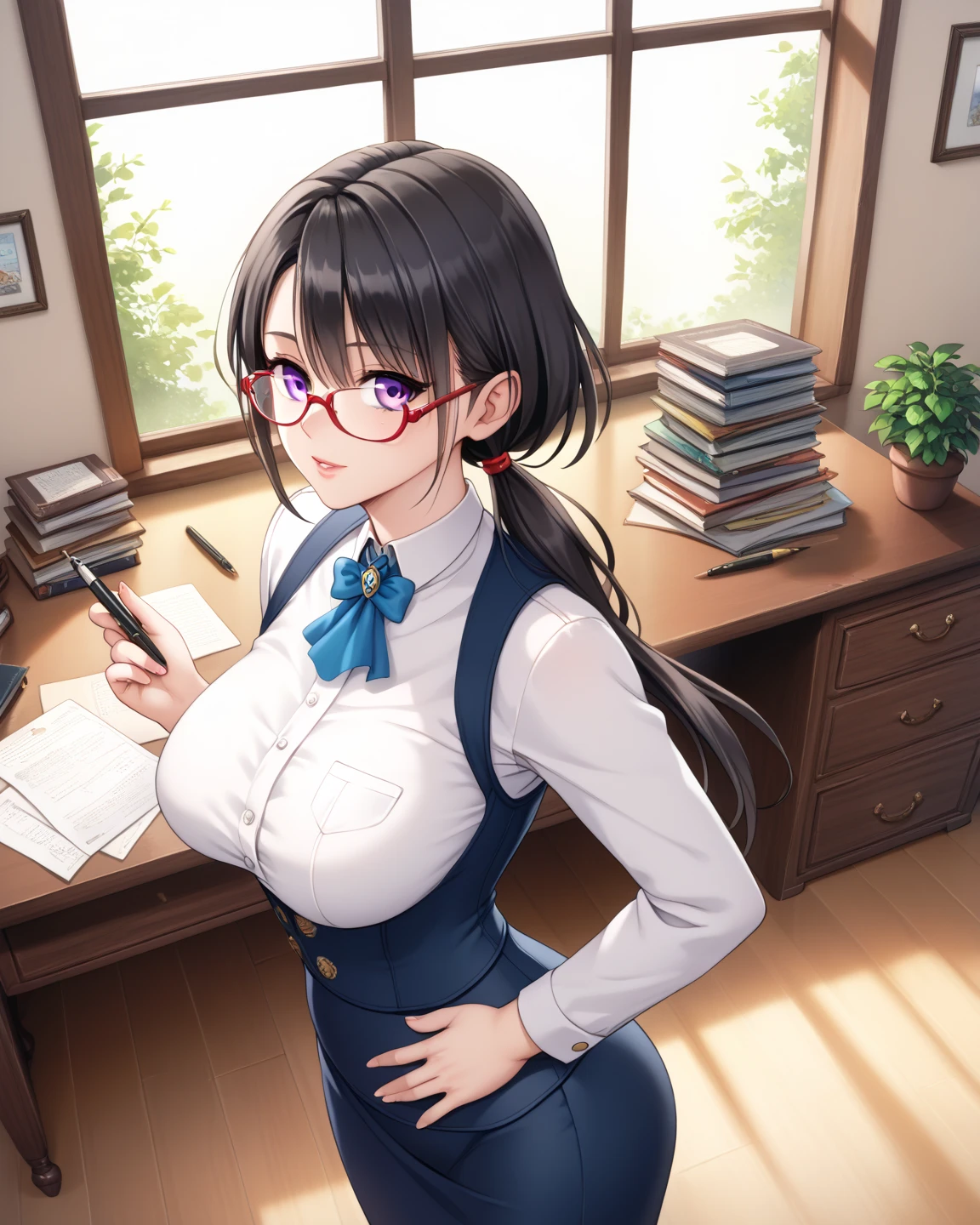  Masterpiece, 1 Guild Receptionist ,　pen:1.5 ,((Guild Receptionist Uniform:1.4)), Corset Vest ,, rimless glasses ,Height: 165cm, beautiful body line ,Big Breasts,((Woman with dark hair and low ponytail on her shoulders :1.4)), gray eyes,A woman with a beautiful and kind face,Facing the desk and doing paperwork,View from above at an angle,