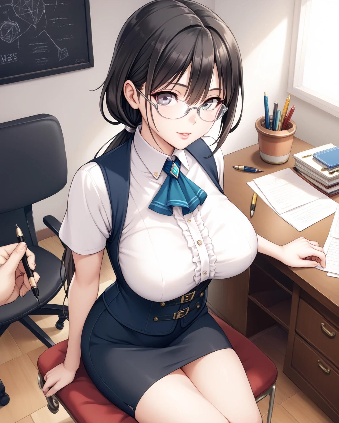  Masterpiece, 1 Guild Receptionist ,　pen:1.5 ,((Guild Receptionist Uniform:1.4)), Corset Vest ,, rimless glasses ,Height: 165cm, beautiful body line ,Big Breasts,((Woman with dark hair and low ponytail on her shoulders :1.4)), gray eyes,A woman with a beautiful and kind face,Facing the desk and doing paperwork,View from above at an angle,