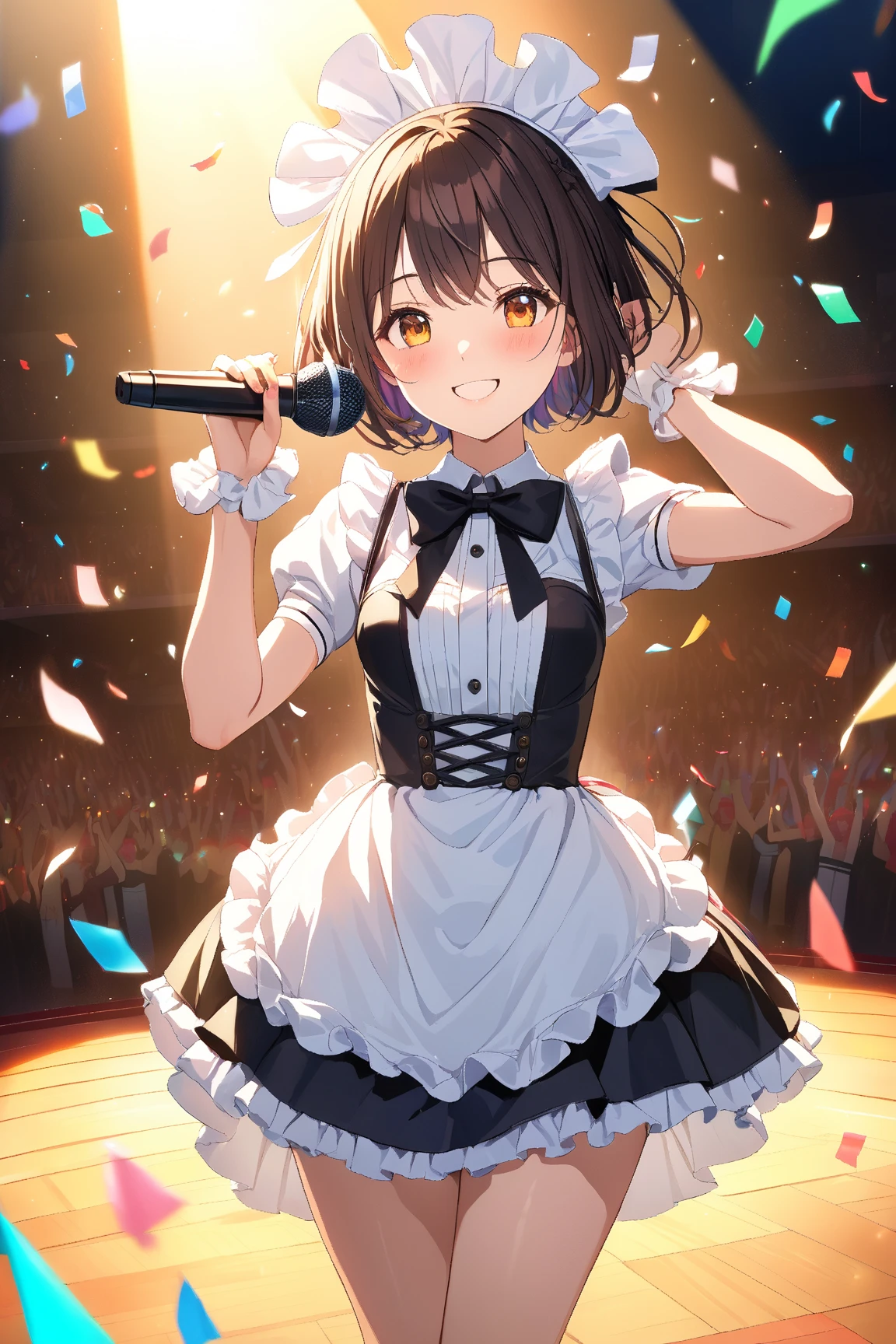 masutepiece,Best Quality,Upper body,1girl in,Collared_Shirts and flares_Skirt as a material 2,Yellow theme,Flat color,polarity,mohawk,Small breasts,Black eyes,heart in eye,Cowboy Shot、Sing a ladle instead of a microphone