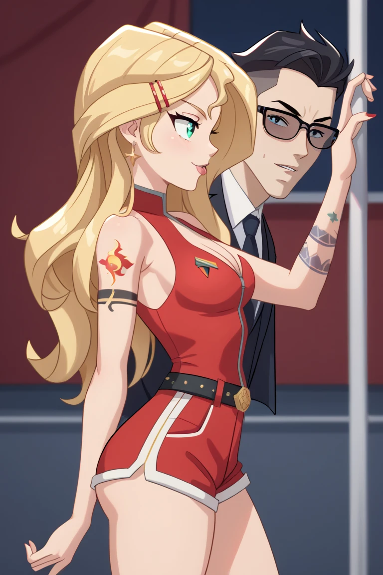 young girl, longue blonde hair, Hairpin with a bundle,  turquoise eyes, Yakuza tattoos, red tight uniform, Sleeveless, Wide neckline on the chest to the abdomen, Gold Elements, Red outfit, Shorts, Masterpiece, hiquality, 4k, HD, Good details, side view, side overview, Long Hair, 