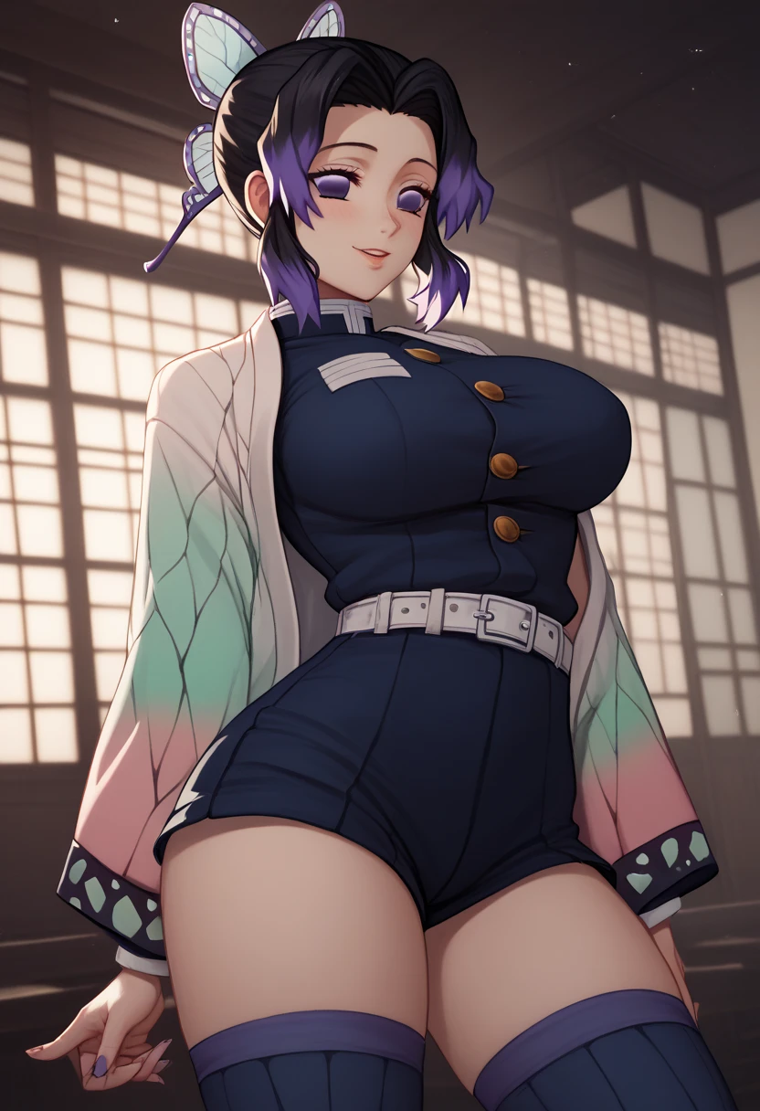 art by kipteitei, 1girl, solo, kochou shinobu, butterfly hair ornament, purple eyes, multicolored hair, short hair, parted bangs, haori, wide sleeves, long sleeves, black short skirt, black jacket, white underwear, belt, massive breasts, massive belly, massive thighs, chubby (best quality, masterpiece)