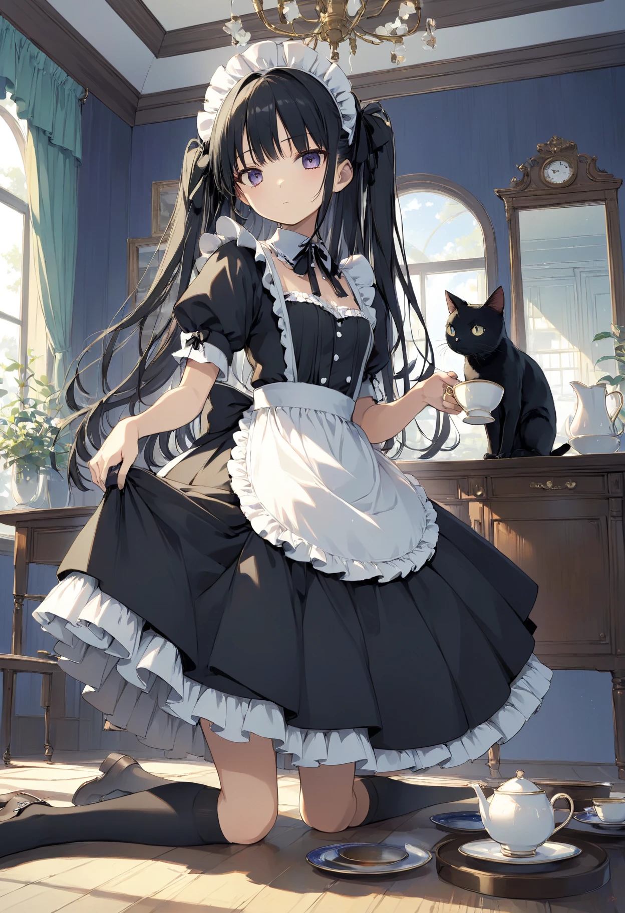 masterpiece, high quality, high resolution, 16k, illustration by Makoto Shinkai, exquisite background, petite girl, black hair, long hair, gothic lolita, maid outfit, fair skin, long eyelashes, beautiful eyes, over-kneehighs, black cat, full body, serious expression, preparing tea, beautiful classic western room