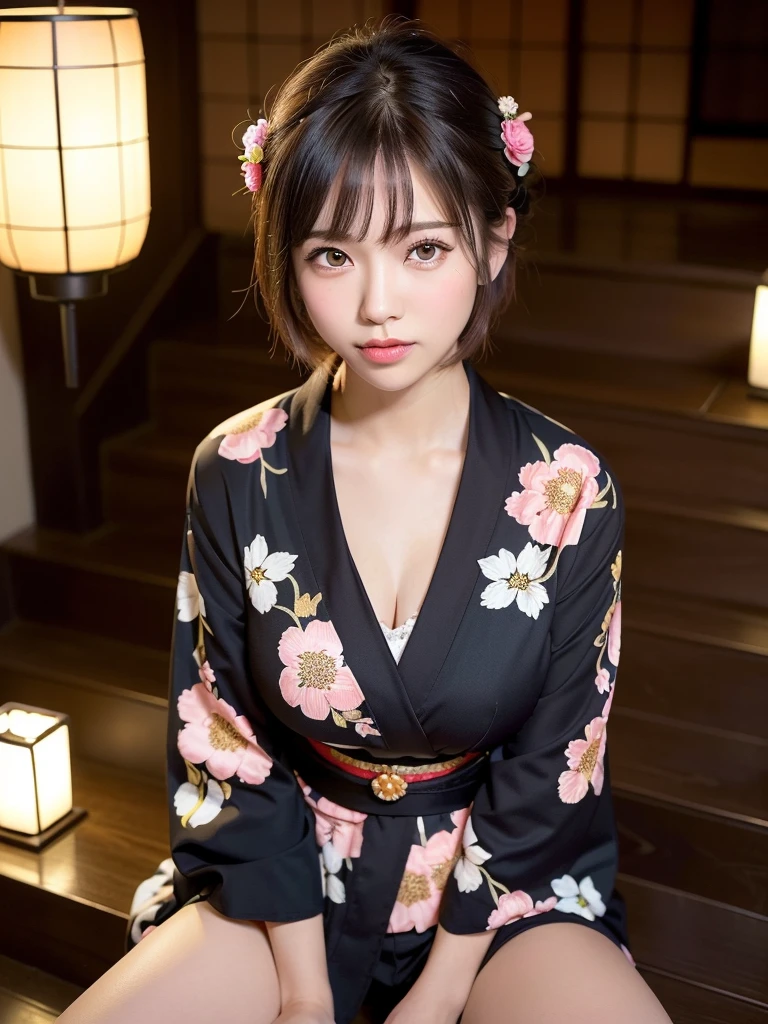 raw photo, 8k, (top-quality), Realistic, (real picture, Intricate details), (natural skin texture, detailed skin, hyper realism, sharpness), (pale skin:1.5), Japanese  girl walking in shopping street at night, exposing cleavage, (sexy floral black yukata:1.5), slender body, bun hairstyle, shy smile, blunt bangs, night time