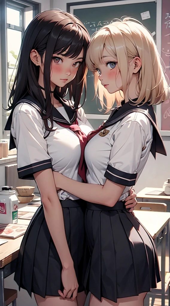 Browsing Caution、(Anatomically correct、masterpiece、Highest quality、Tabletop、Realistic skin feel、Detailed structure)、(((((Two beautiful girls, One has silver hair and white skin.、The other has blonde hair and dark skin.)))))、(((School uniform、White Shirt、Black Skirt)))、(((Lesbian、ディープkiss)))、((((Sweat、Body odor、Sweat染み、odor))))、(((Detailed vagina)))、(((Love Juice、Squirting)))、(((Put your finger in your vagina)))、((pubic hair))、(((Lesbian play with two people、Climax)))、(((blush、tears、Feels good、Panting、Drooling)))、(((Spread your legs)))、(((Covered in bodily fluids、soaked、Sticky)))、((Gazing at each other、kiss))、Angle from below