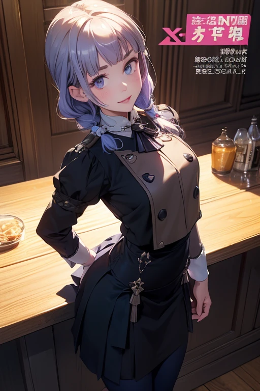 (from above:1.0,Best Quality),a girl , platinum color hair、bartender uniform,Purplish blue eyes that dreamers desire, small stature, medium , Lori face, (masutepiece:1.2, Best Quality), (finely detailed beautiful eye: 1.2), (beautifull detailed face), (perky chest:1.2), (pointed chest:1.1), (bratender magazine cover:1.5)，(Best Illumination, extremely delicate and beautiful), sexy pose,make a coffee , in a bar counter, morning light, Short bob hair（1:3）,Ultra Contrast、Braid a little around the ears, black bartender uniform dress、Sexy and qute pants、You can't see inside your underwear,mocking look、nffsw,Arms crossed、grab the arm、Shoot 、breastuscular pussy、little Pubic hair,high-level image quality、hightquality、8K,perfect hand、5 fingers、finger pin、Perfect Finger,noise cut、Her hair color should have been a brighter blue,(The bartendre skirt dress part is also carefully expressed:1.4)、the skirt is floating in the wind:1.2、Dark purple panties,(with sparkling eyes and a contagious smile),open mouth, highest quality, high resolution,Real World, Natural light,perfect Natural light, Looking at Viewer,
