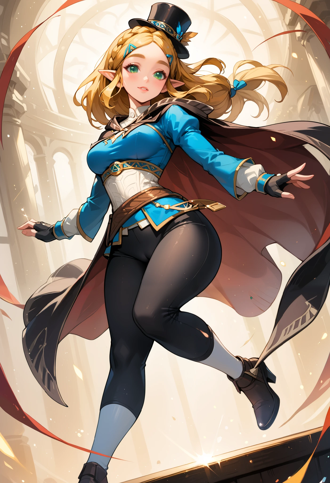 (extremely fine and beautiful:1.1), (perfect details:1.1), (finely detailed eyes and detailed face:1.3), ZeldaSDXL, Princess Zelda, narrow hips, medium breasts, slender thighs, small ears, pointy ears, braid, hair ornament, hairclip, gloves, black gloves, fingerless gloves, blue shirt, shirt, long sleeves, crown braid, bangs, green eyes, parted bangs, pants, black pants, blonde hair, short hair, long hair, cape, sidelocks, hood, thick eyebrows, jewelry, hooded cape, belt, tight pants, tight, puffy sleeves, ( lost path), black Mary Jane tap heels, with white socks, while tap dancing on stage, black top hat on her head, black cane to tap dance with, showing her pussy
