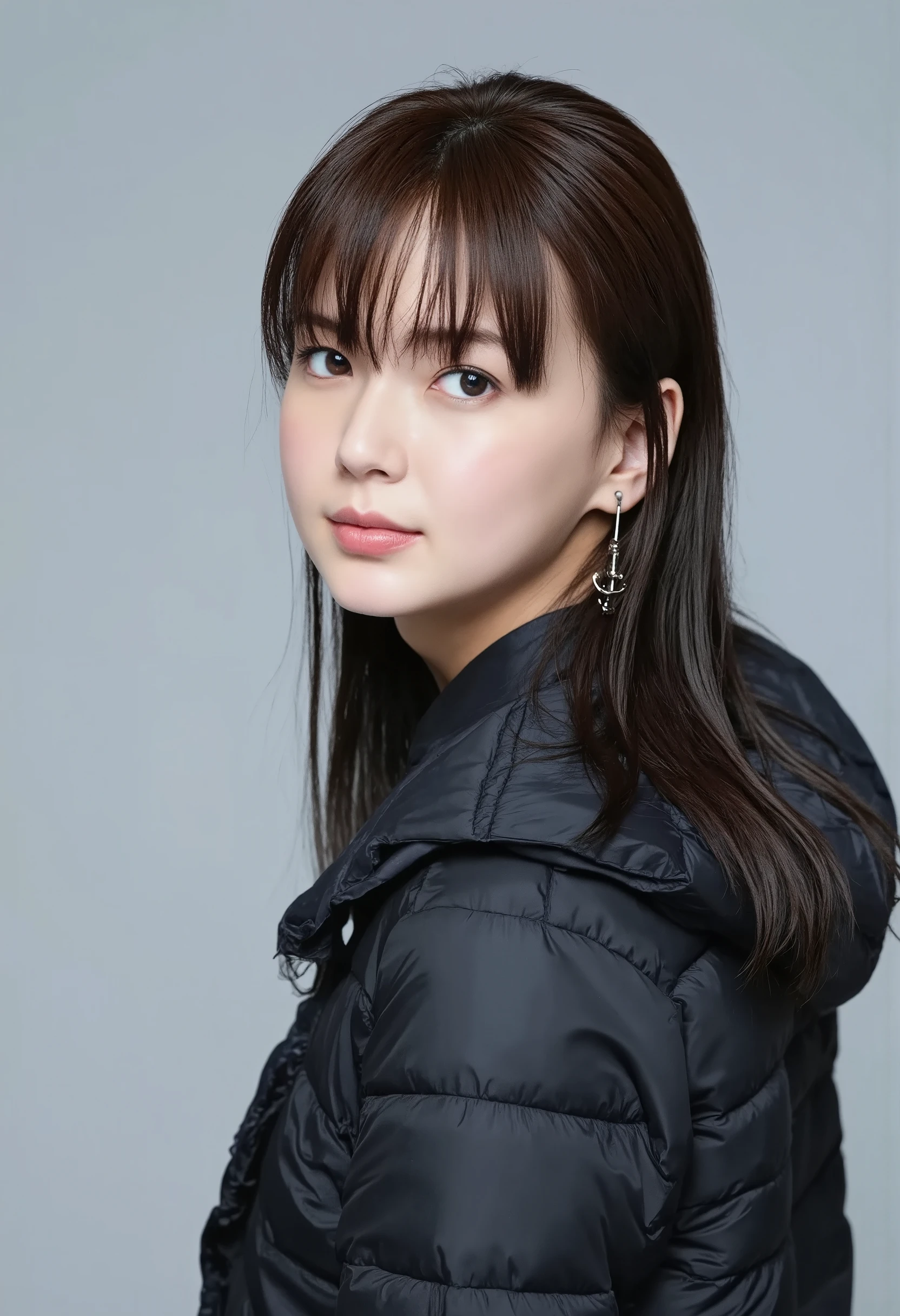 young Japanese woman、 Tabe Mikako、black hair、 ear piercing、 big smile when looking back、 beautiful alignment of teeth、 black down jacket、Gray background

